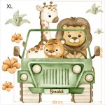 Gyerekszoba falmatrica - Szafari  állatok autóban akvarell falmatrica névvel