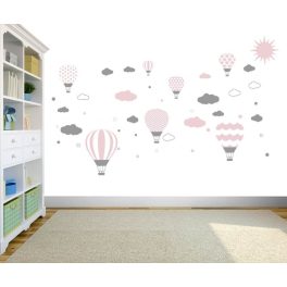 Felhős hőlégballonos falmatrica babarózsaszín