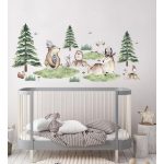 Erdei állatos, akvarell fenyős falmatrica szett világos fenyős M 