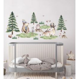   Erdei állatos, akvarell fenyős falmatrica szett világos fenyős M 