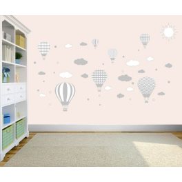 Felhős hőlégballonos falmatrica halvány szürke